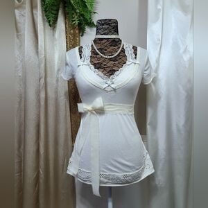 ♡ Y2K ♡ Hollister White & Cream Empire Waist Eyelet Lace Waist Tie Babydoll